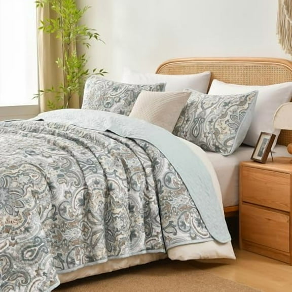 3 Piece Oversized Lightweight All-Season Paisley Design Quilt Set, King Size, 115” Wide x 95” Long, Soft Microfiber Bedspread with 2 Shams, Blue, Grey and Brown Colors, Reversible Coverlet