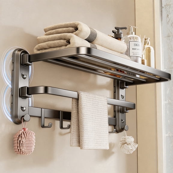 Hmhnsya Foldable Towel Rack, No Drill Suction Mount with 4 Hooks, 50cm 19.69in for Bathroom Toilet Storage