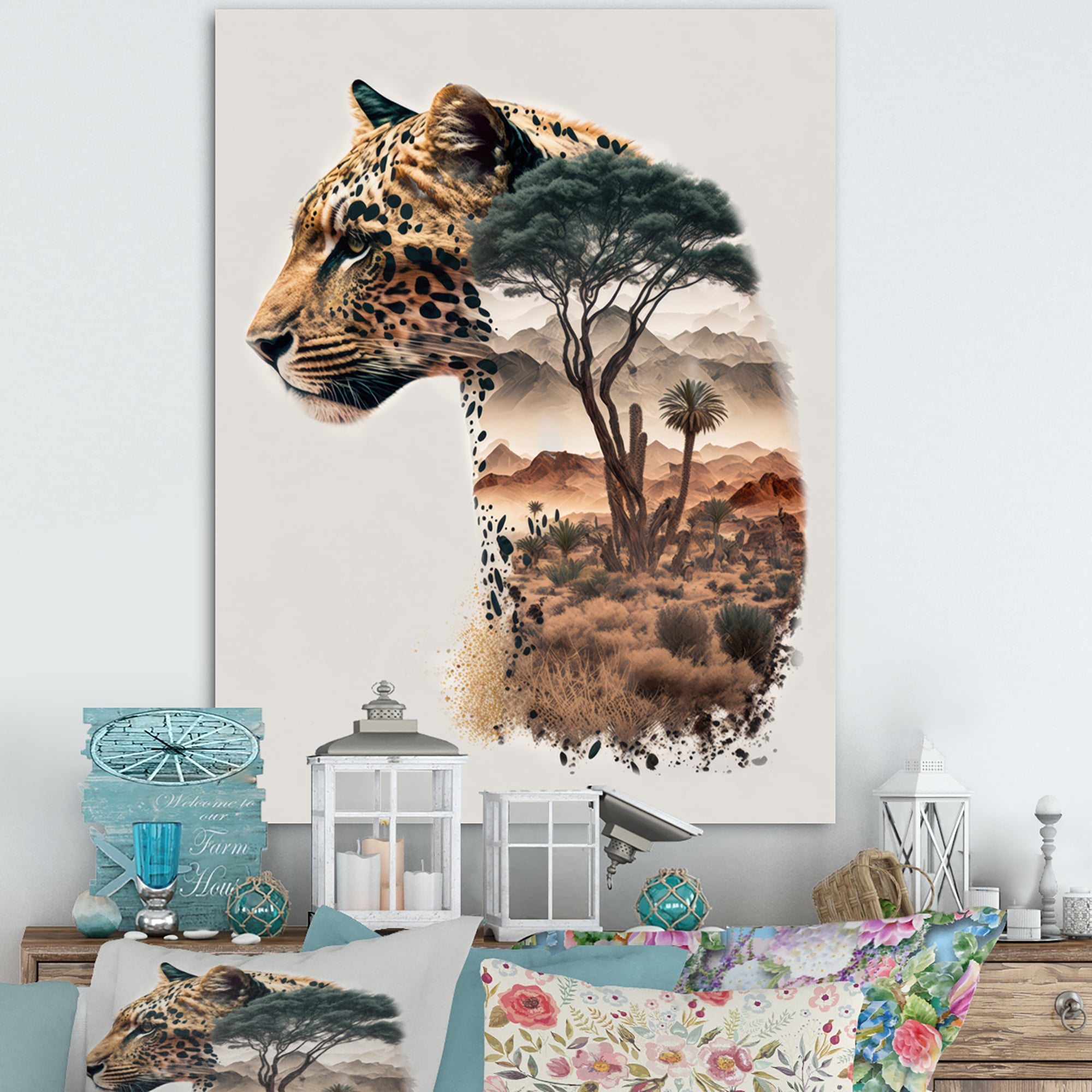 Designart Double Exposure Of A Tiger With African Landscape III Canvas Wall Art
