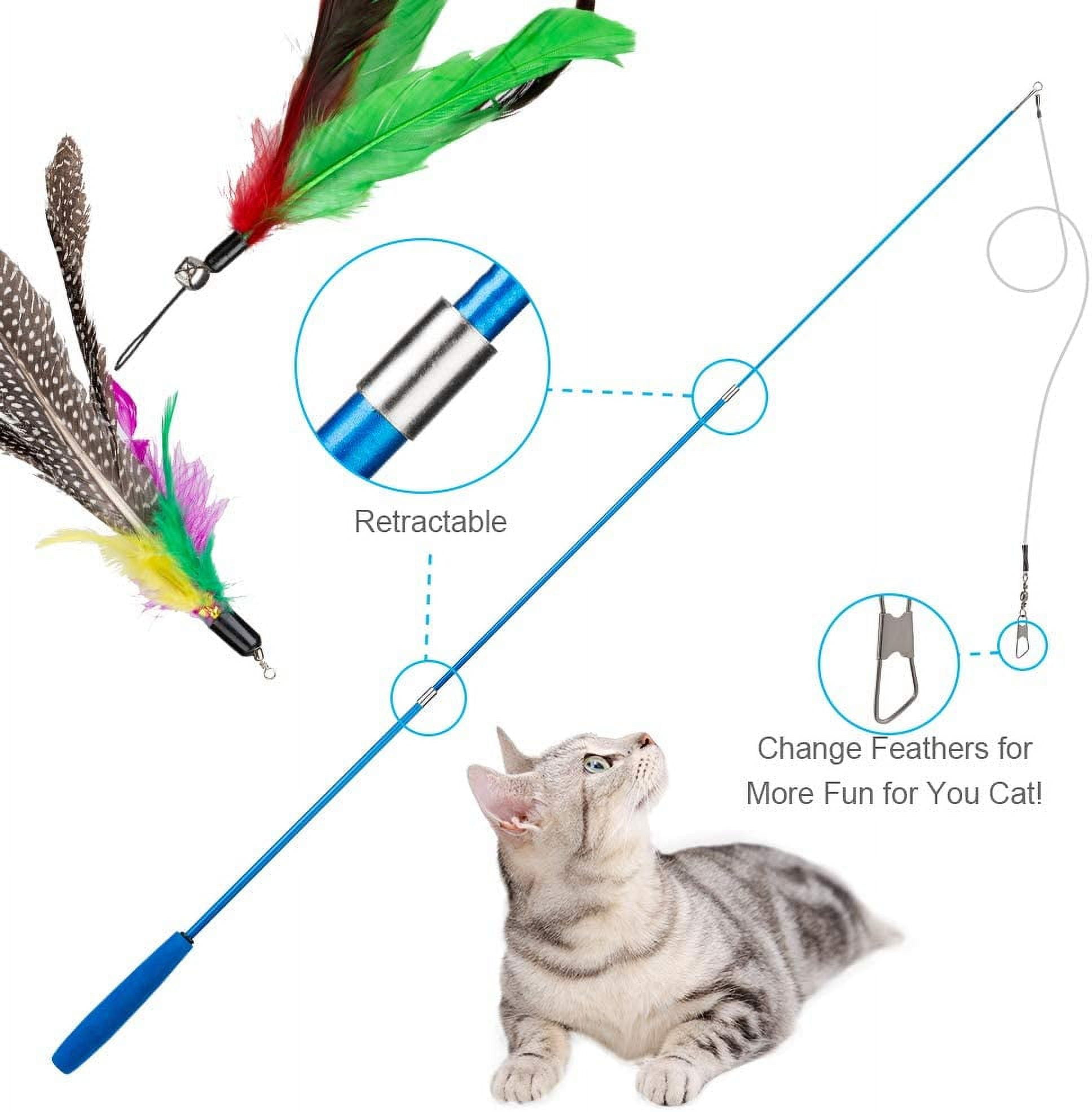 JXFUKAL Cat Feather Toys, Interactive Cat Toy with Super Suction Cup, 2PCS  Springy Cat Wand & 5PCS Teaser Refills Replacement with Bells, Kitty Kitten