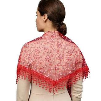 Lace Sheer Floral Print Triangle Veil – Church Mantilla Scarf Shawl With Tassels
