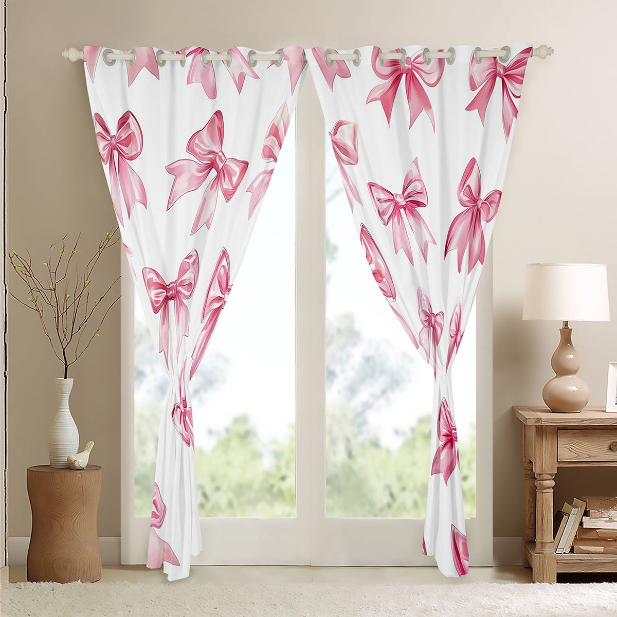 Kawaii Bowknot Curtains & Drapes Dreamy Princess Style 30%-50% Blackout Curtains 42"Wx84"L Teen Women,Girly Cute Bow Window Curtains Pink Bow Tie Window Treatments 2 Panels