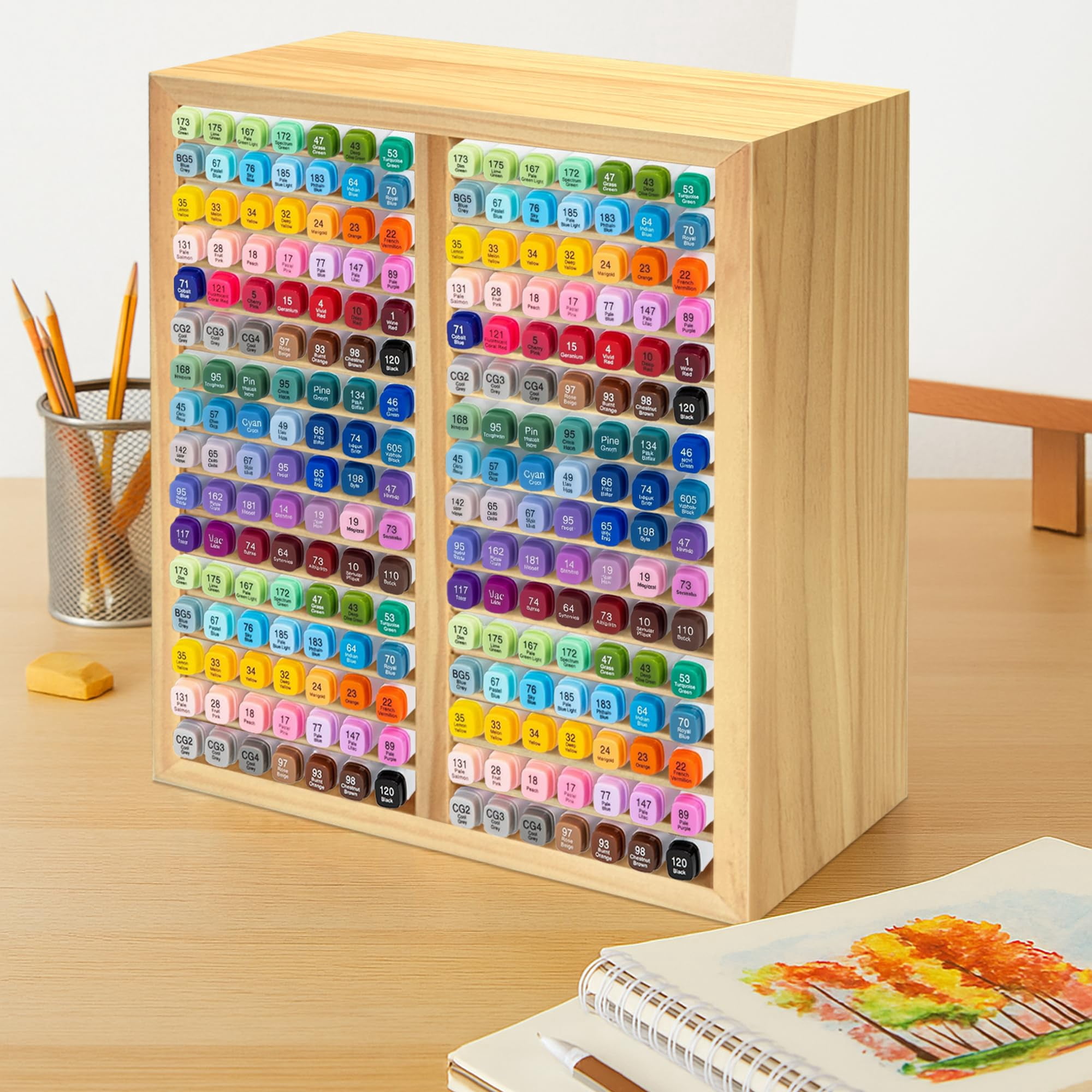 Marker Organizer For 224 Markers Wooden Holder With 32 Slots  Pens Pencils Art Supply Storage Desk Home Classroom Office Decor(natural 15"x11"x5.2 ")