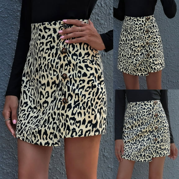 Fesfesfes Ladies Skirts Leopard Print High Waist Button Skirt A-line Skirt
