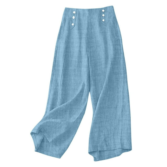 WMTBSRSW Linen Capri for Women Solid Button Flowy Wide Leg Pants Summer Trendy Business Work Pants with Pockets