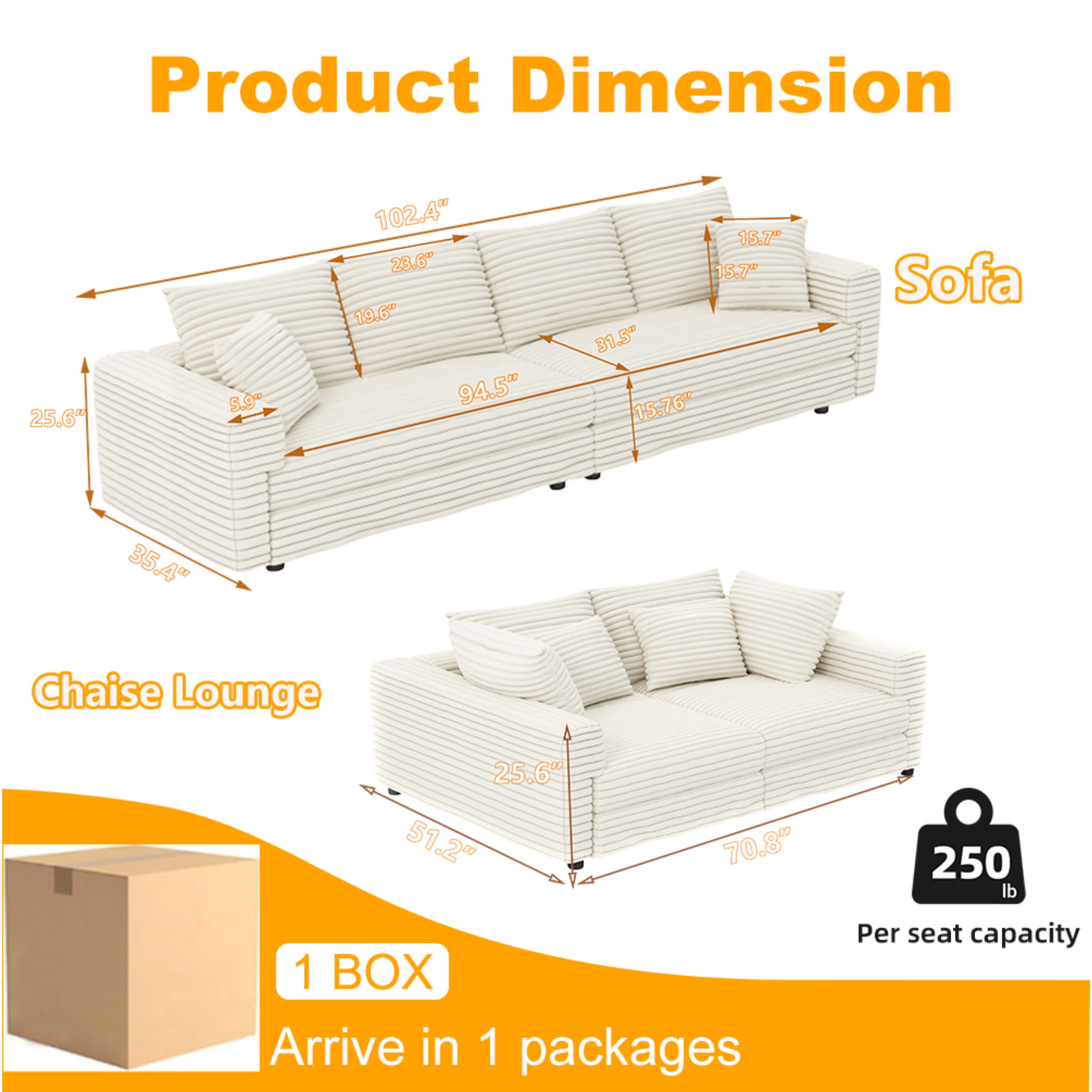 Alvantor 4-Seat Sofa 102" W Corduroy Upholstered Deep Seat Couches Convertible Chaise for Living Room, Apartment Beige