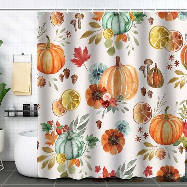 Cortina de ducha con diseño de hojas de arce y acuarela floral otoñal para baño, estilo bohemio, otoño, Acción de Gracias, calabaza, decoración para bañera, tela impermeable