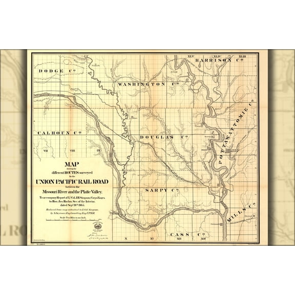 24"x36" Gallery Poster, Map of survey for Union Pacific RailRoad 1865 p1