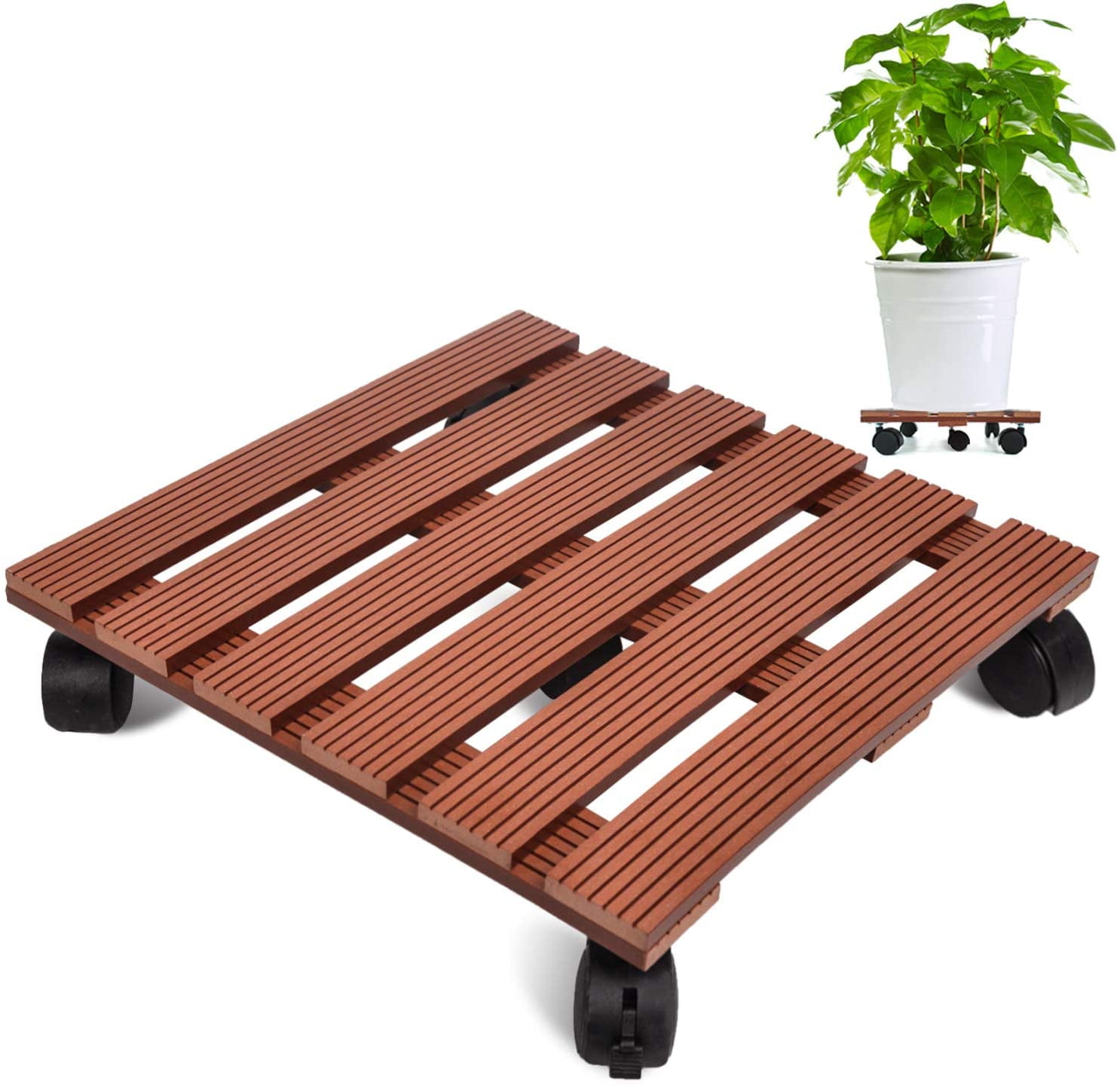Wooden Plant Caddy Iron Rolling Round Plant Caddy Rustproof Dolly