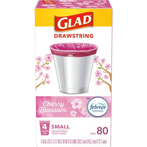 Glad OdorShield Small Drawstring Trash Bags, 4 Gallon Trash Bag, Febreze Cherry Blossom, 80