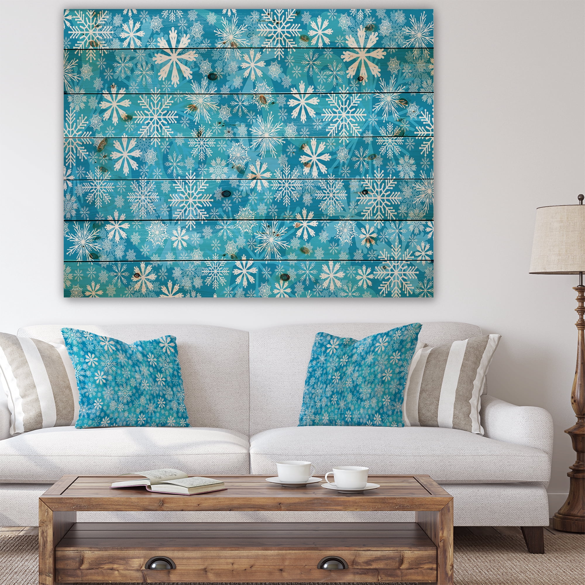 Designart 'Light Blue Snow Crystal Pattern' Print on Natural Pine Wood