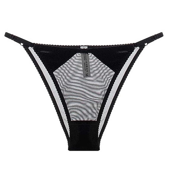 VONCOS Womens Adjustable No Show Thong Panties with Lace Trim & Sheer Panel, Comfortable Breathable Underwear, Black, 1-Pack,Size L