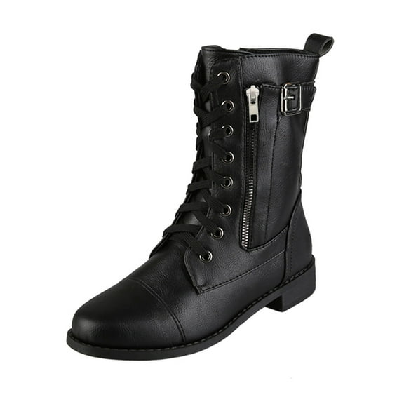 YLYL Women's Military Boots Lace up Round Toe Low Heel Combat Boots