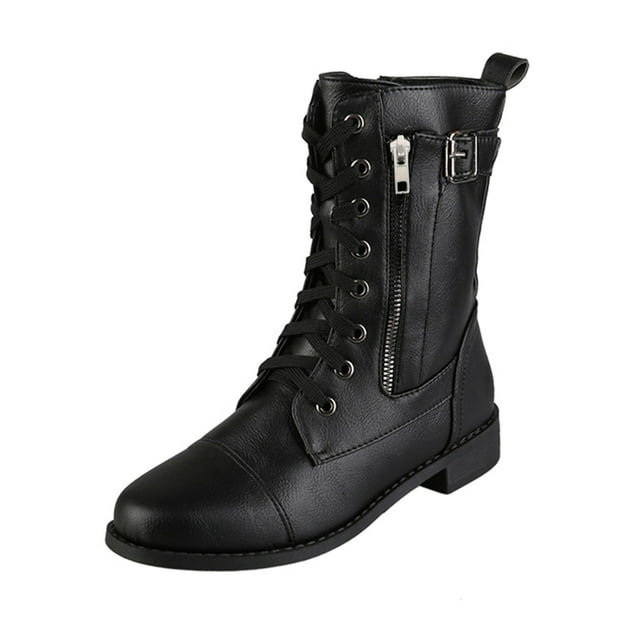 NOKIO Women’s 𝖢ombat Cowboy Boots Mid Calf Lace-Up Booties with Built-In Wallet Pocket Lo𝗐 Heel Rugged Outdoor Boots