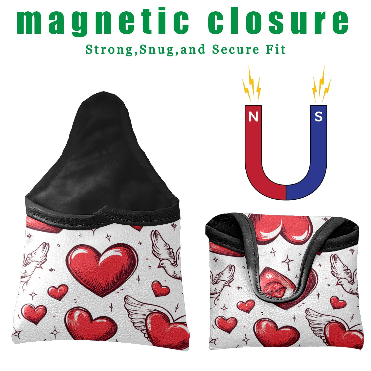 Golf Mallet Putter Cover Premium Leather Waterproof Golf Putter Head Cover with Magnetic Closure Hand-painted Love Heart