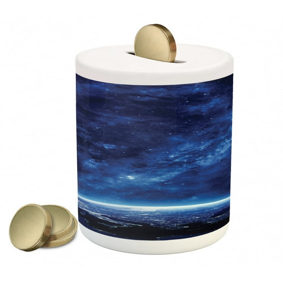 Space Piggy Bank, Earth at Night from Deep Atmosphere Vibrant Milky Way Starfield Ecliptic Scene Print, Ceramic Coin Bank Money Box for Cash Saving, 3.6" X 3.2", Dark Blue, by Ambesonne