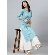 Janasya Indian Round Neck 3/4 Sleeve Striped Blue Cotton Kurta For Women