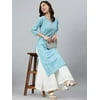 Janasya Indian Round Neck 3/4 Sleeve Striped Blue Cotton Kurta For Women