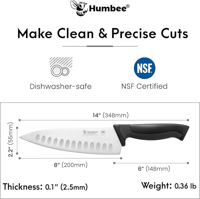Humbee 8-Inch Chef Knife Razor-Sharp Blade Kitchen Knife with Comfortable Grip Handle, Black DT-12 Series