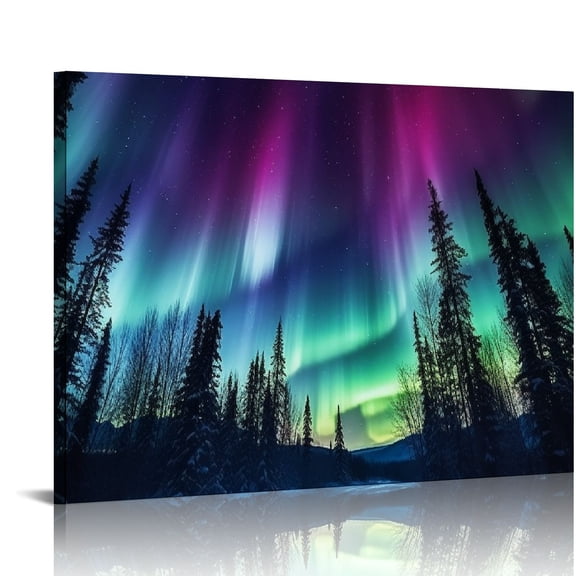 JRXY Northern Lights Wall Art Colorful Aurora Borealis Canvas Painting Snow Mountain Forest Picture Large Landscape Decor Frame (Aurora Borealis Canvas - 4, 20x16in
