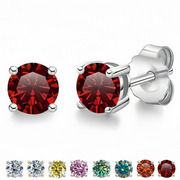 Lyee Cyee 1 Pairs 4 Prong 1 Carat Red Round Shaped Moissanite Solitaire Stud Earrings in 18k White Gold Plating for Women Man