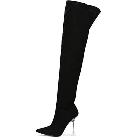 

CAPE ROBBIN ESTELE POINTED-TOE THIGH HIGH CLEAR STILETTO BOOTS-BLACK Boots