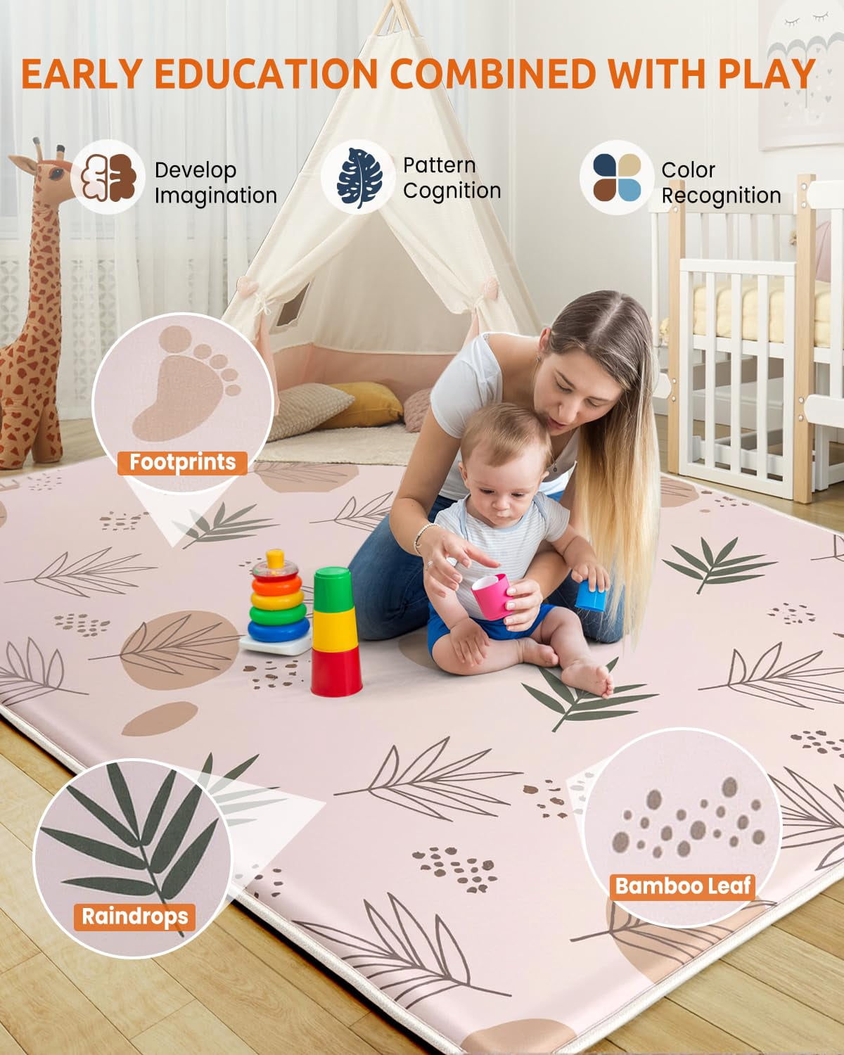 74x50 Playpen Mat Foam Thick, 1 inch Thicker & Waterproof   Mat for Kids Toddlers Infants Floor Crawling, 1" Cushioning Padded Large Playmat for Indoor Outdoor, Gift for Boys Girls,