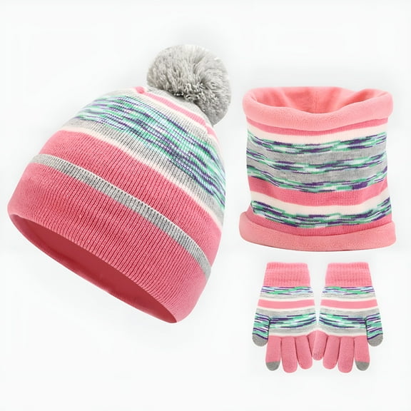 TELOLY Set of 3 Hat and Gloves Set Girls Thick Knitted Warm for 2-7 Years Old Boys Girls Children's Outdoor Warm Hat Neck and Gloves