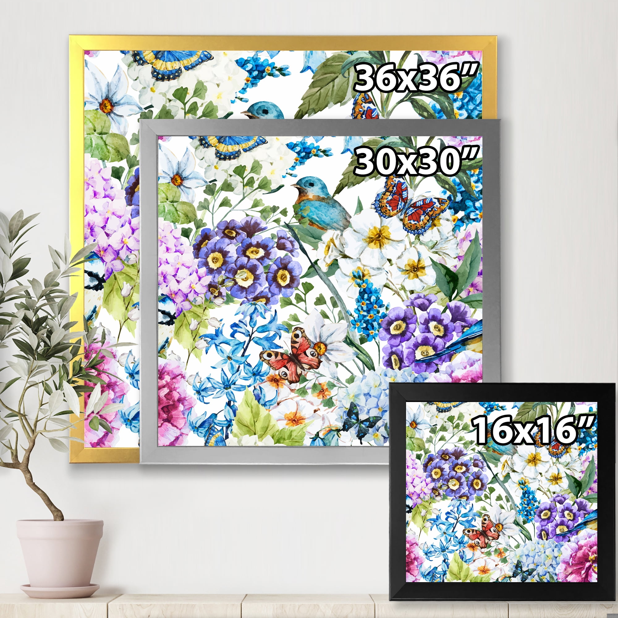 Wildflowers and Vibrant Wild Spring Leaves XII 36 in x 36 in Framed Painting Canvas Art Print, by Designart