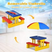 KOTEK Kids Picnic Table, Outdoor Kids Table and Set w/Removable Umbrella, Plastic Children Patio Furniture, Toddler Picnic Tables for Backyard, Garden, Nursery, Gift for Boys