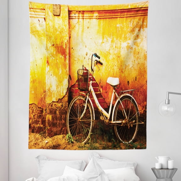 Retro Tapestry, Vintage Bike in Front of a Rusty Dirty Cracked Broken Brick Wall Lifestyle Photo, Fabric Wall Hanging Decor for Bedroom Living Room Dorm, 5 Sizes, Sepia, by Ambesonne
