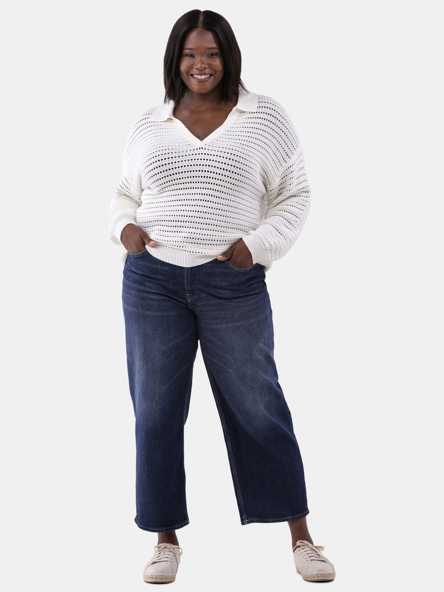 Terra & Sky Women's Plus Size Open Stitch Sweater with Collar, Sizes 0X-5X