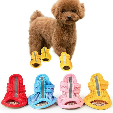 Dengjunhu 4Pcs Summer Mesh Breathable Dog Shoes Sandals Non Slip Paw Protectors Reflective Adjustable Girls Female for Small Pet Dog Cat Puppy