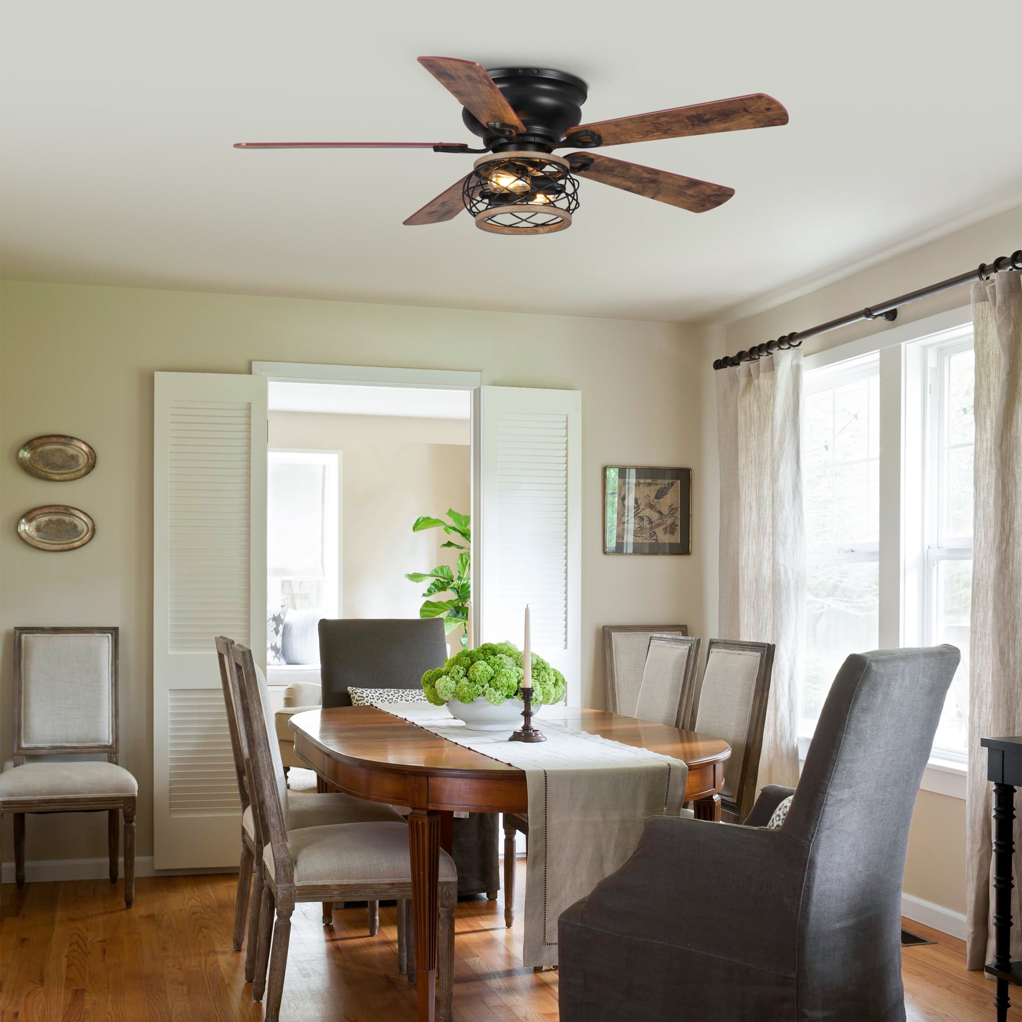 Parrot Uncle Farmhouse 48-Inch Brown Ceiling Fan with Lights and Remote,  Low Profile Ceiling Fan with Light