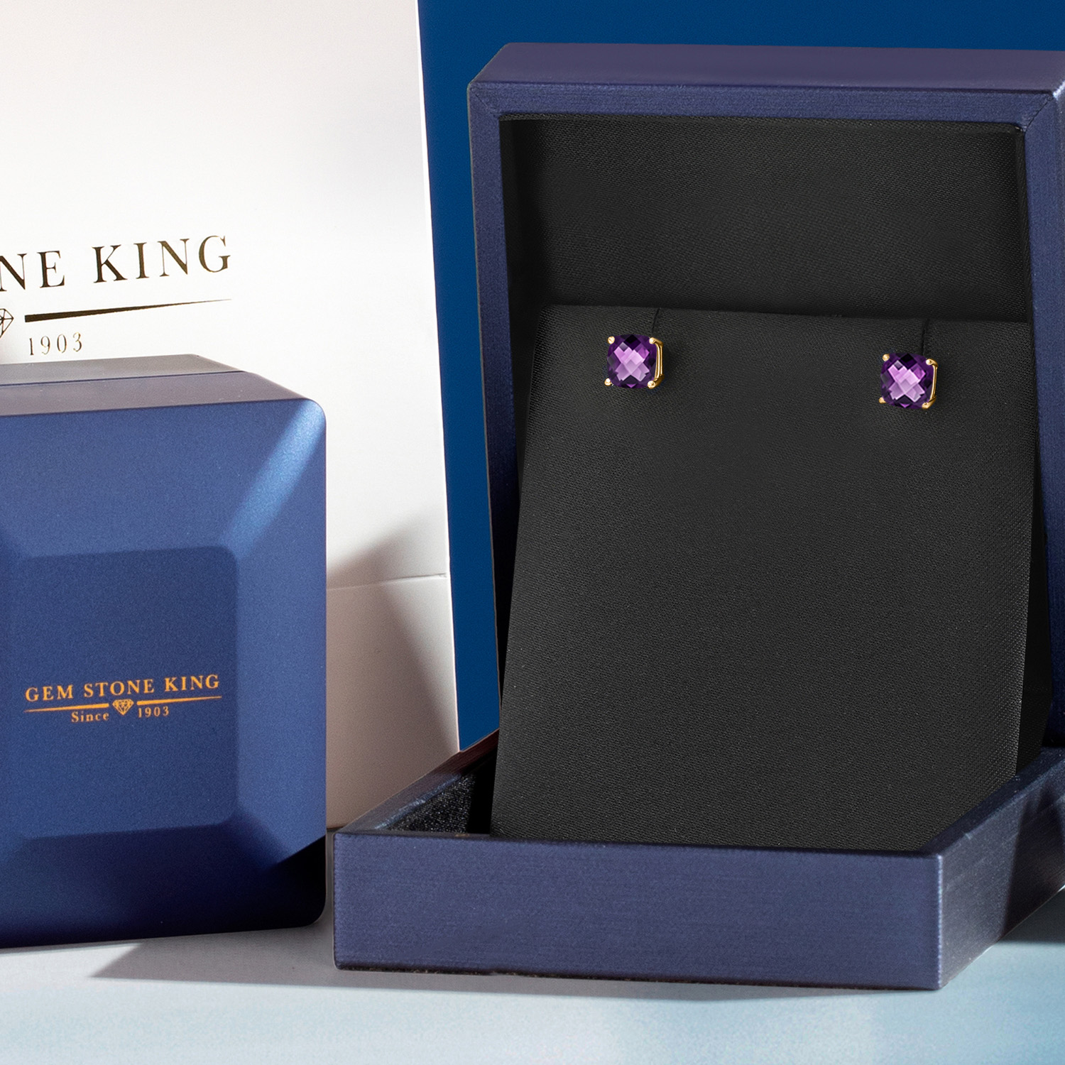 Gem Stone King 14K Yellow Gold Purple Amethyst Double Notch Stud Earrings | 1.40 Cttw | Gemstone February Birthstone | Cushion Checkerboard 6MM | Gold Earrings for Women Men