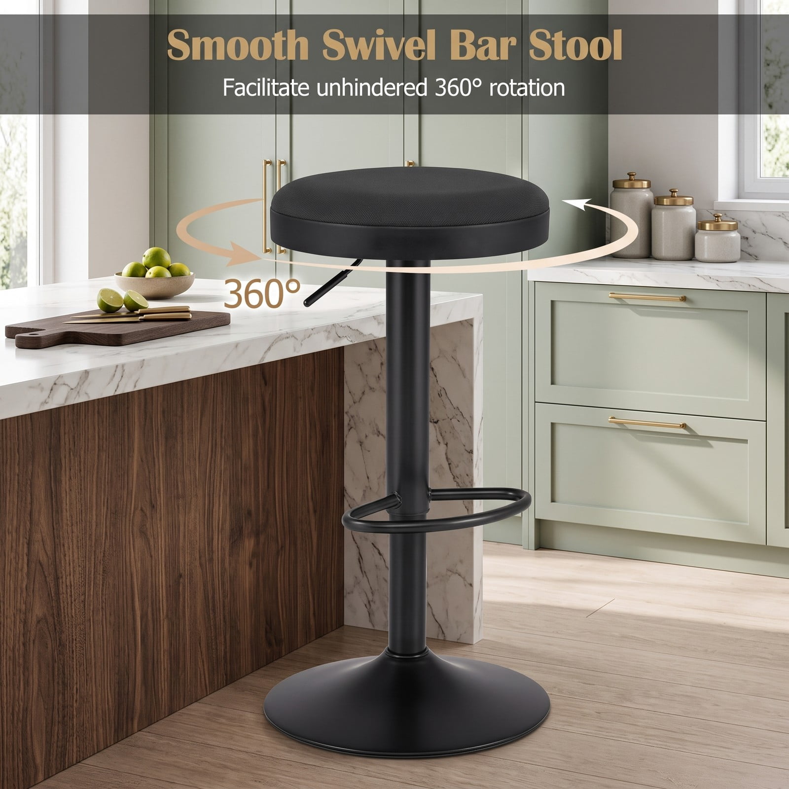 Furnibear Set of 2 Adjustable Bar Stools, 360 Swivel Kitchen Counter Height Stools with Padded Fabric Seat, D-Shaped Footrest and Non-Slip Base, 330 lb Capacity, Black