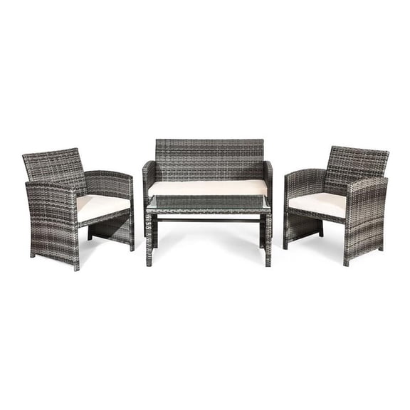 Pemberly Row 4-piece Rattan Patio Furniture Set with Padded Cushions in Mix Gray