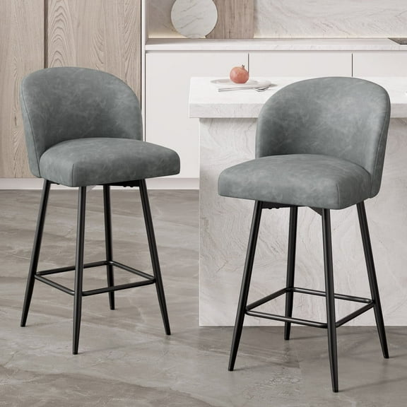 Fijinhom 26" Counter Height Bar Stools Set of 2, PU Leather Swivel Bar Chairs with High Back and Metal Legs, Gray