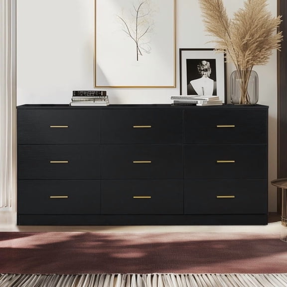 Aukfa Large 9 Drawer Dresser,Wood Closet Dressers Long Chest of Drawers for Nursery Bedroom Living Room Hallway, Black