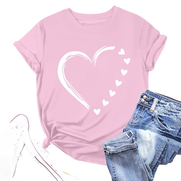 Goodtrade8 Short Sleeve Shirts for Womens Valentines Heart Ladies Valentines Day Crew Neck Love Cute Printed Casual Womens Tops