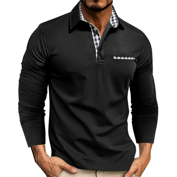 CharmCyan Men's Long Sleeve Polo Shirt with Plaid Collar and Chest Pocket Casual Slim Fit Pullover for Everyday Wear Black XL