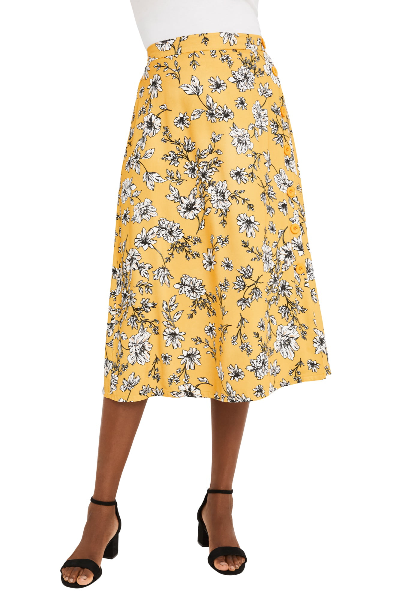 Jessica London Size Side-Button Midi Skirt - 18 W, Sunset Sketch Floral - Walmart.com