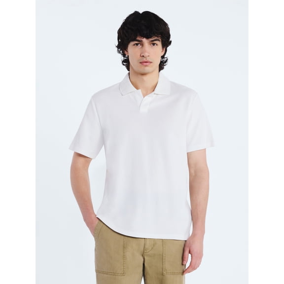 Free Assembly Men's Honeycomb Johnny Collar Cotton Polo Shirt with Short Sleeves, Sizes S-XXXL