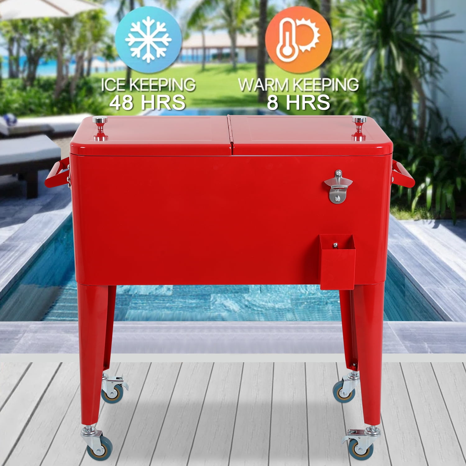 80 Quart Outdoor Cooler Cart Rolling Ice Cooler Ice Chest with Wheels Portable Drink Cooler for Parties, Poolside, Patio, BBQ Beach（Red）