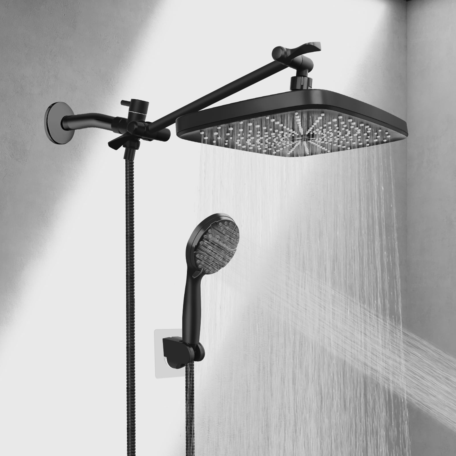 PHANCIR 12 Inch Rain Shower Head Combo, High Pressure Rainfall with Ajustable Extension Arm, 7 Modes Handheld Showerhead for Bathroom, Black