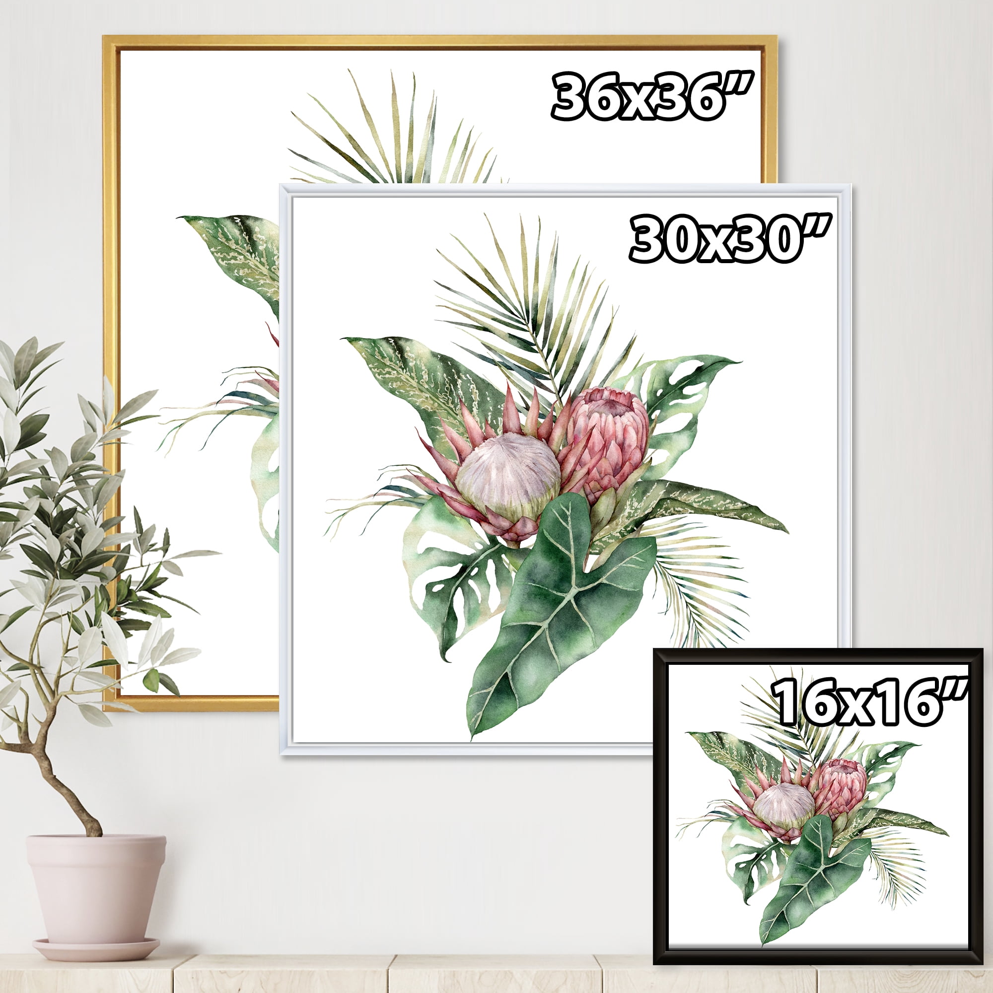 Queen Proteas Palm & Monstera Leaves 30 in x 30 in Framed Painting Canvas Art Print, by Designart