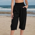 thumbnail image 3 of Cotton Linen Capri Pants for Women Lightweight Elastic Waist Loose Fit Wide Leg Cropped Pants with Pockets Womens Capris, 3 of 5