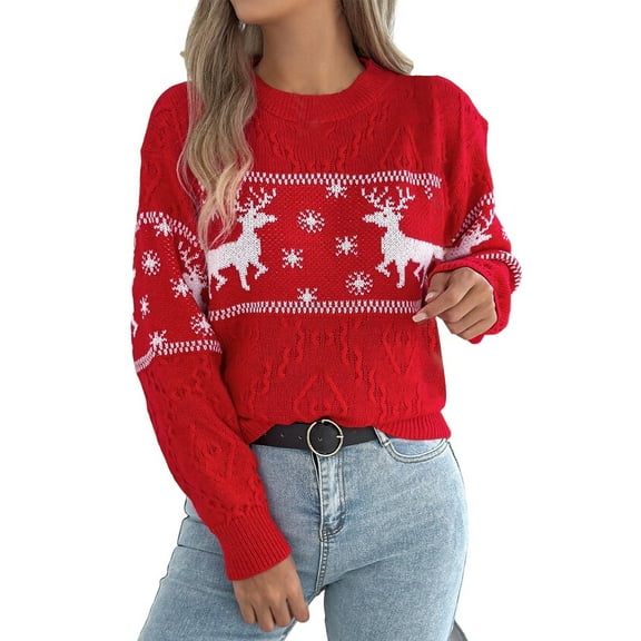 KHONTS Sweater Christmas for Women Turtleneck Long Sleeve Knit Sweaters Casual Loose Holiday Jumper Tops Winter Outfits C-Red XL