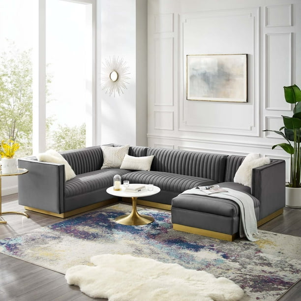 Modway Glamour 3 Piece Performance Velvet Sectional Sofa Set in Gray