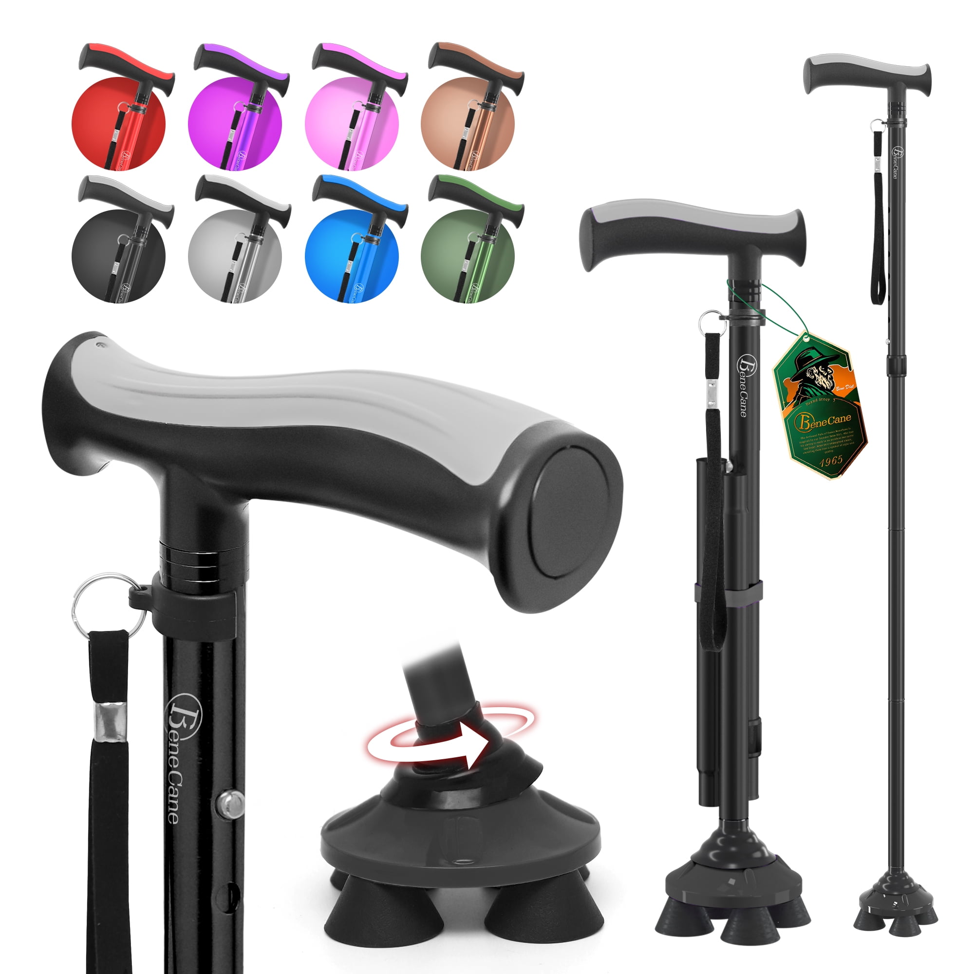 BeneCane Folding Cane for Men and Women, Lightweight Quad Cane for Seniors, Adjustable Aluminum Walking Cane with Self-Standing Base and Travel Bag